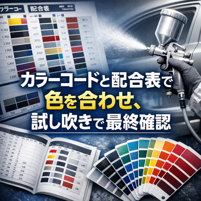 カラーコードと配合表で色を合わせ、試し吹きで最終確認